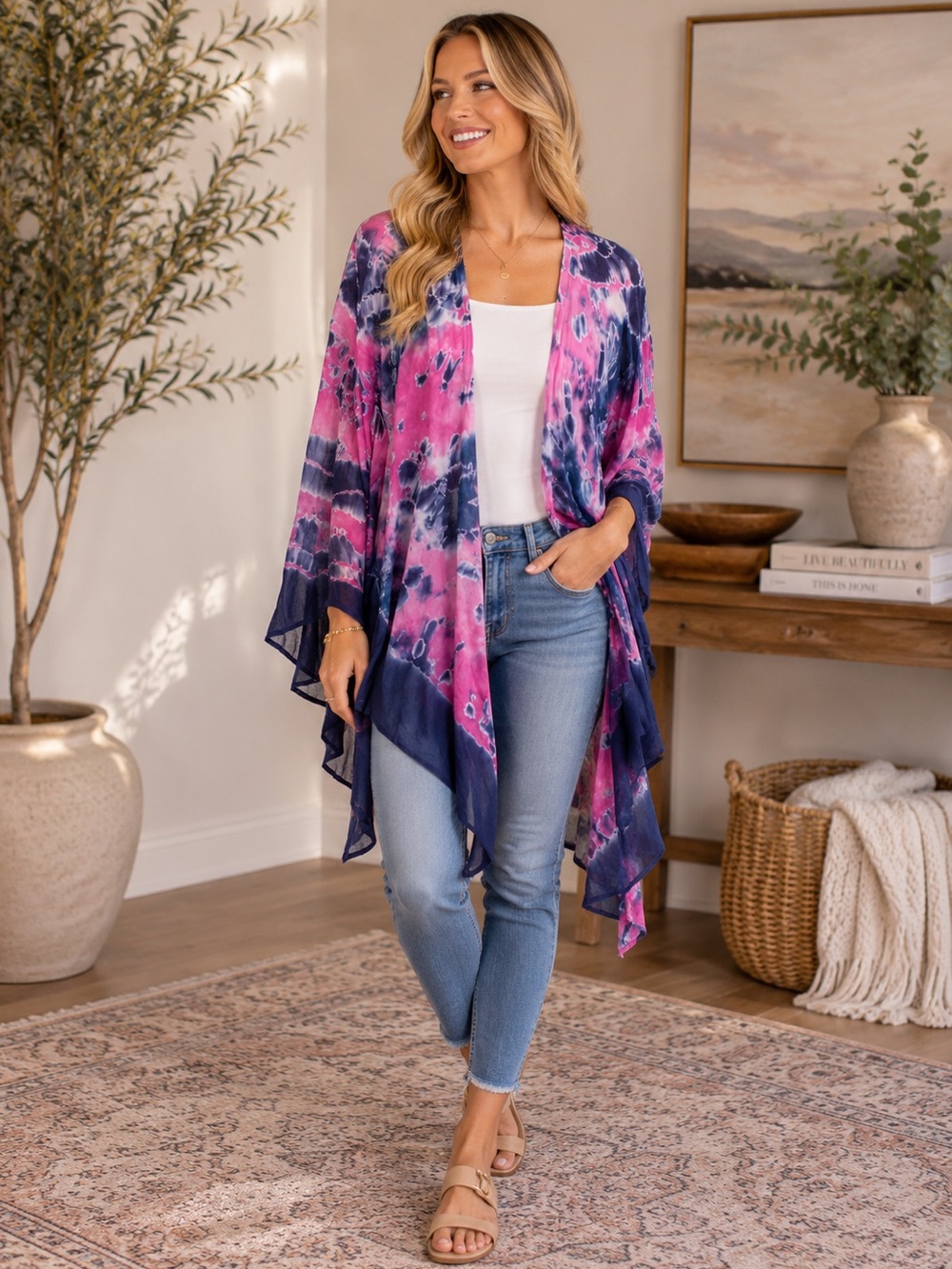 Young Fabulous & Broke Pink and Navy Tie-Dye Kimono ☮️ ☀️